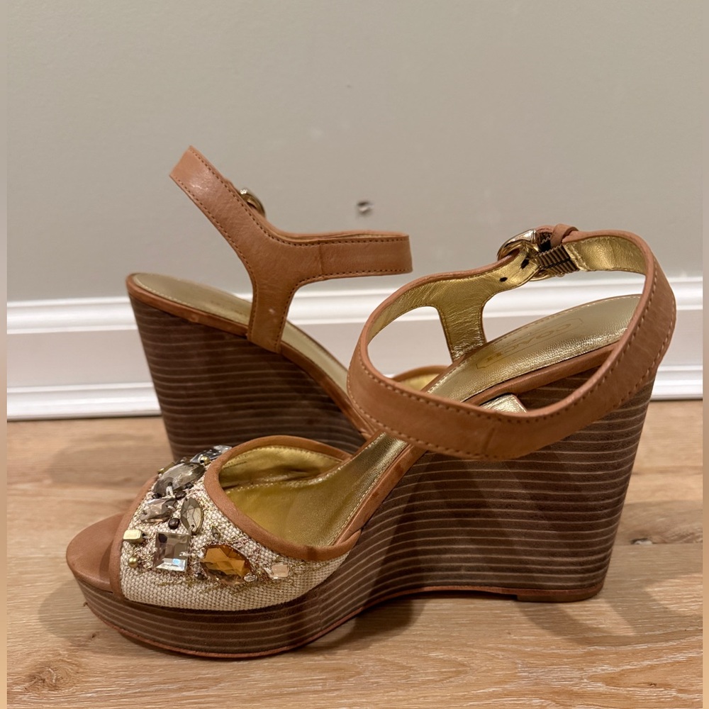 Coach Hanson Y2K Jeweled Platform Wedge Sandals in tan and gold canvas size 7.5 - Picture 7 of 10